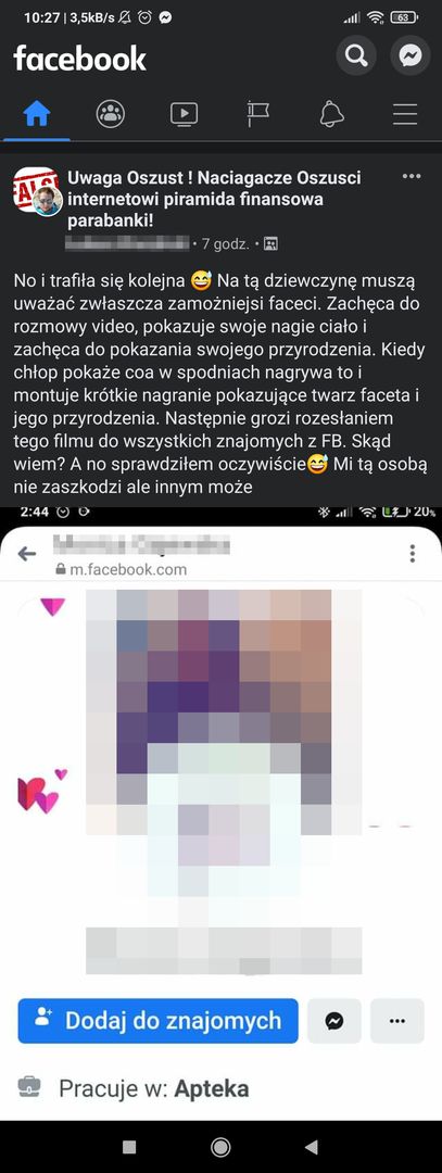 Ostrzeżenie na jednej z grup na Facebooku