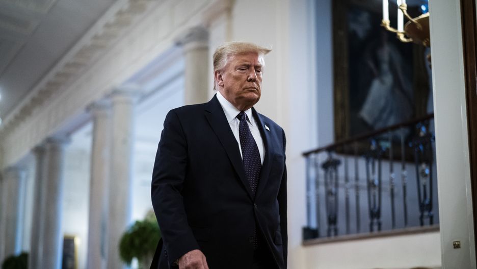 WASHINGTON, DC - JUNE 17: President Donald J. Trump arrives to announce the Roadmap to Empower Veterans and End a National Tragedy of Suicide (PREVENTS) in the East Room at the White House on Wednesday, June 17, 2020 in Washington, DC. (Photo by Jabin Botsford/The Washington Post via Getty Images)