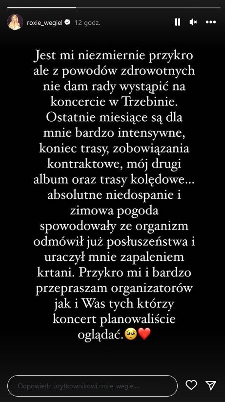 Roksana Węgiel była zmuszona odwołać koncert