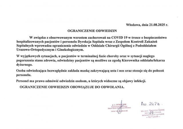 Ograniczenie odwiedzin w szpitalu we Włodawie w związku ze wzrostem zachorowań na COVID-19