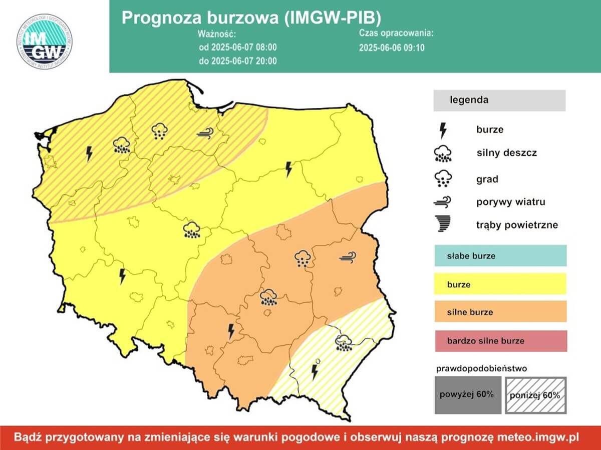 Prognoza burzowa IMGW na sobotę, 7 czerwca 2025