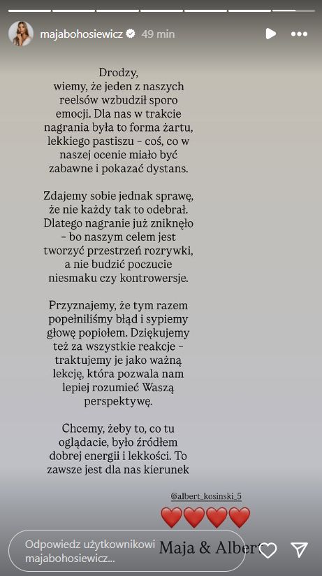 Oświadczenie zamieszczone przez Maję Bohosiewicz 