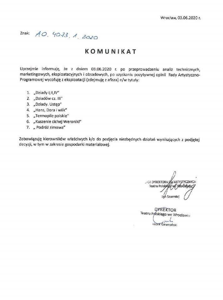 Urzędowe pismo wycofujące spektakl z repertuarul 
