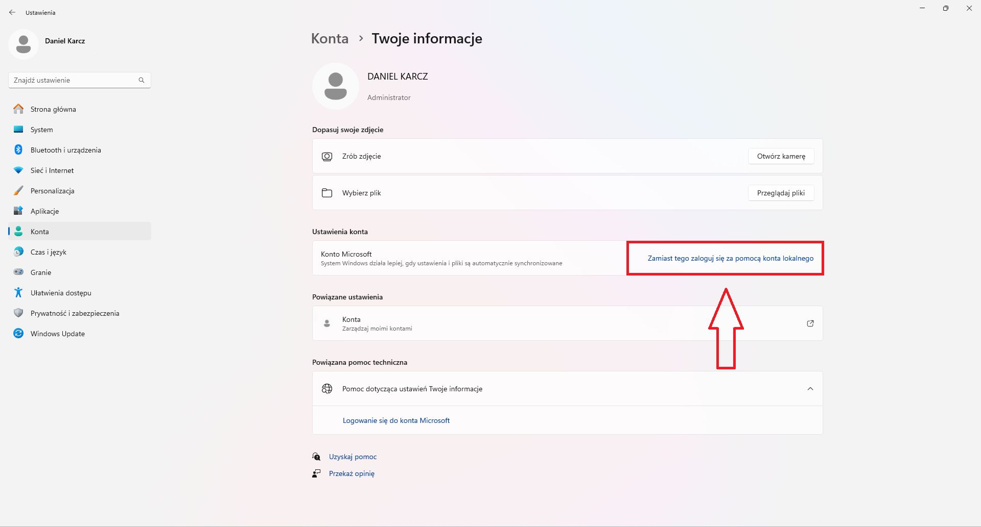 Jak zmienić konto Microsoft na lokalne w Windows 11?