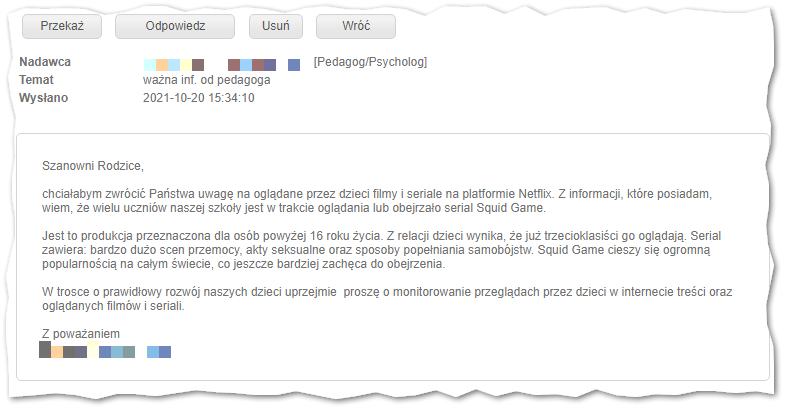 Treść listu rozesłanego rodzicom uczniów SP Kowale k. Gdańska