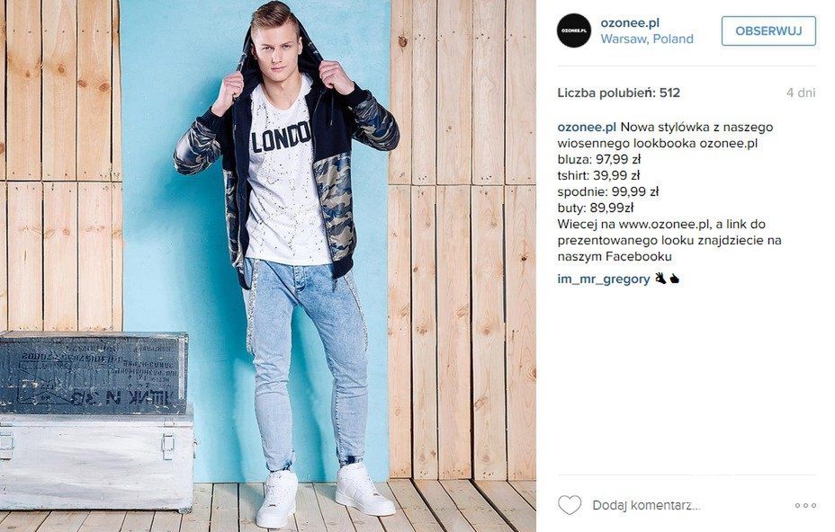 Jan Dratwicki, sesja Ozonee wiosna 2016 (fot. Instagram)