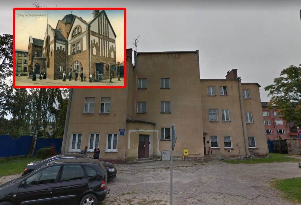 Dawny budynek stacji kolejowej  Elbląg Miasto (HUB Elbing Stadt) dziś jest zwykłym blokiem mieszkalnym. Zmiany przeprowadzane przez jego mieszkańców oszpeciły go bezpowrotnie w latach 60. (fot. Google Maps, rok 2017, dziś budynek jest odmalowany)