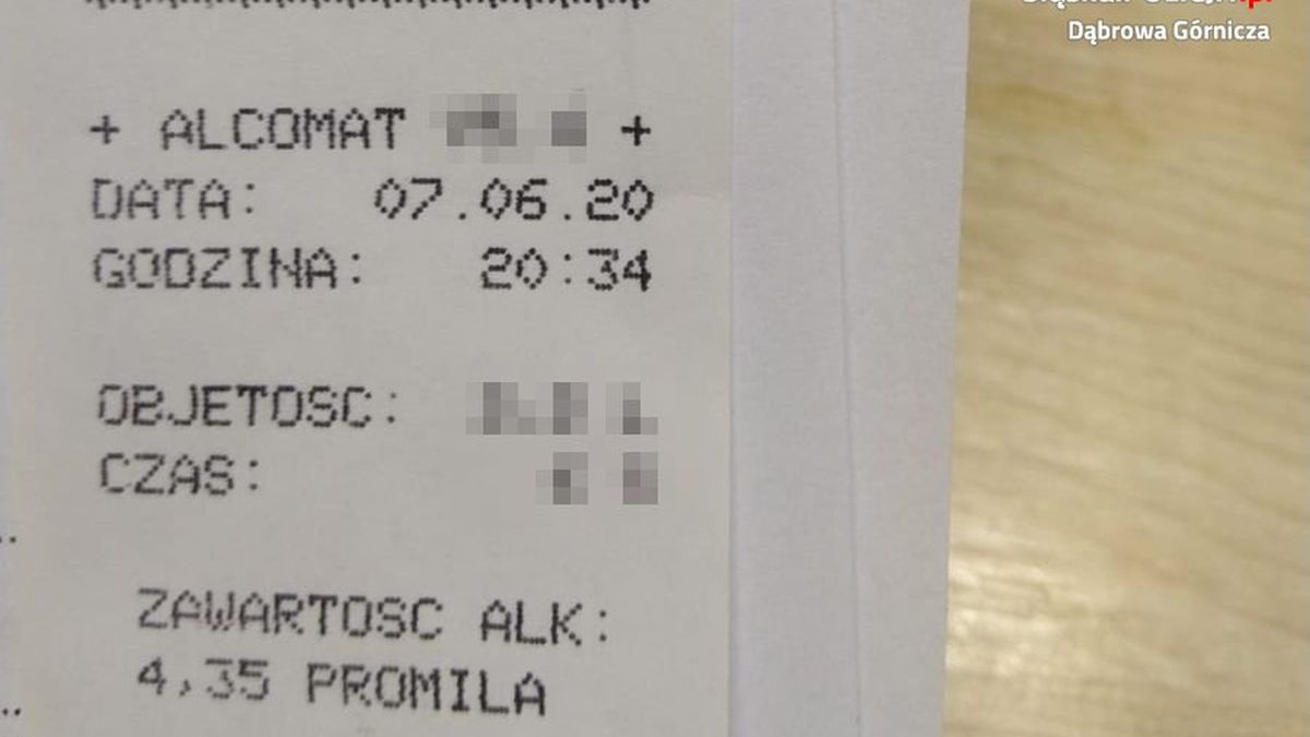 Wynik badania alkomatem kierowcy z Dąbrowy Górniczej.