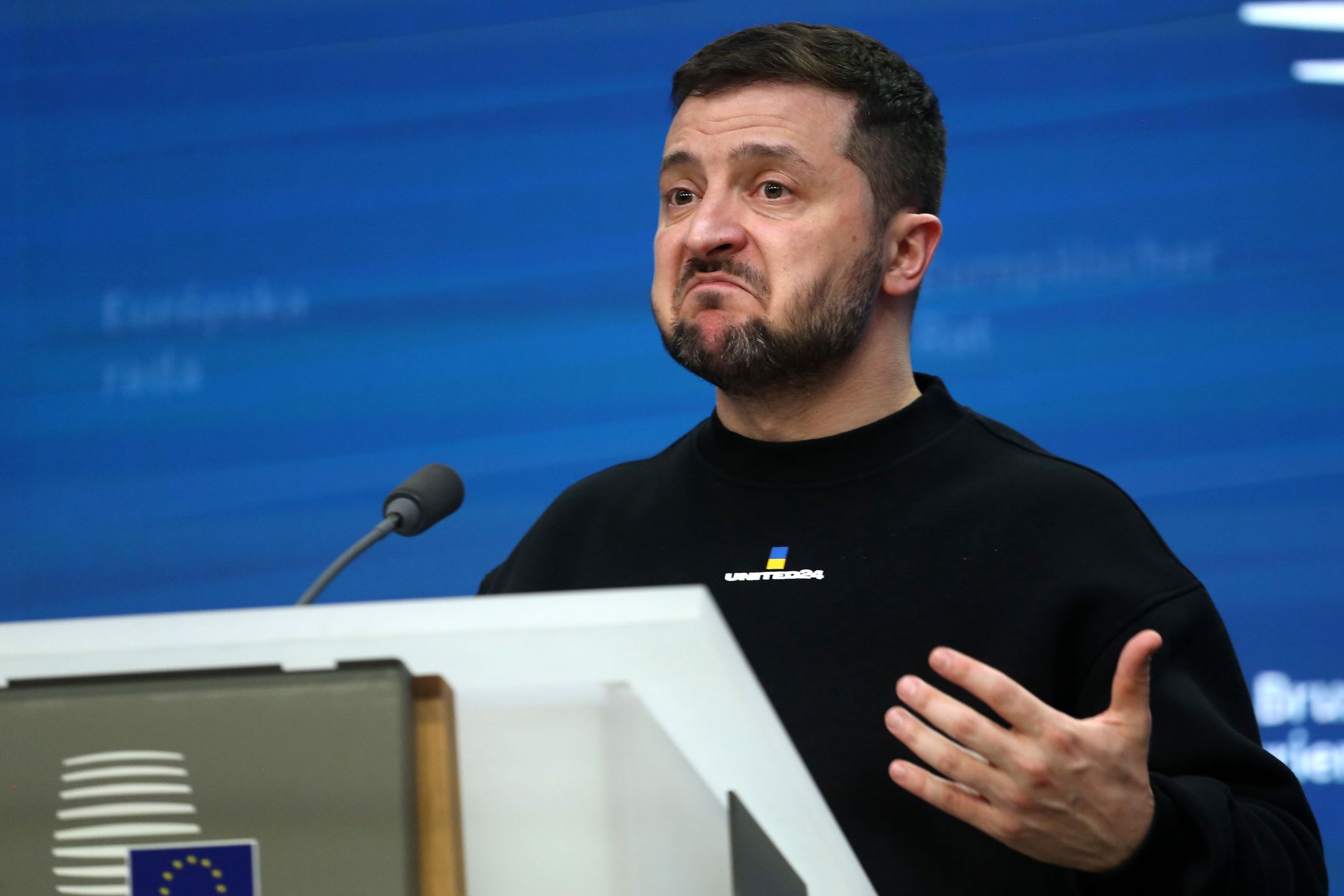 Volodymyr Zelenskiy, Ukraine's president, during a news conference following an extraordinary European Union leaders summit at the European Council headquarters in Brussels, Belgium, on Thursday, Feb. 9, 2023. Zelenskiy urged expanded sanctions against Vladimir Putin's regime, including against missile and drone production. Photographer: Valeria Mongelli/Bloomberg via Getty Images