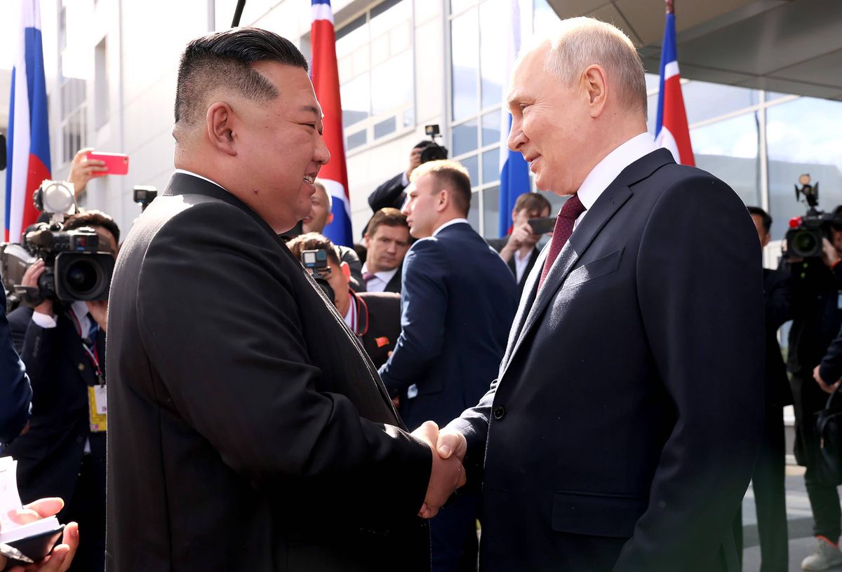 Kim Dzong Un i Władimir Putin podczas spotkania w Rosji