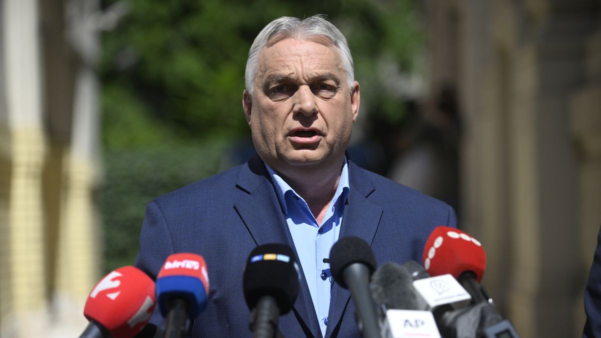 Viktor Orban, former prime minister, holds a press conference alongside Janos Boka, newly elected leader of the Fidesz parliamentary group, in Budapest, Hungary. The appearance follows a raid by prosecutor's office investigators, which saw the party's servers seized the previous day as part of an ongoing National Cultural Fund (NKA) investigation. (Photo by Balint Szentgallay/NurPhoto via Getty Images)