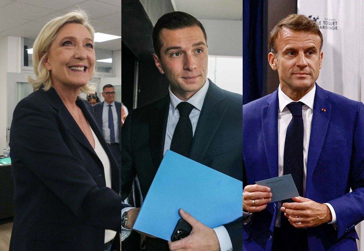 Liderzy Zjednoczenia Narodowego Marine Le Pen i Jordan Bardella oraz prezydent Emmanuel Macron