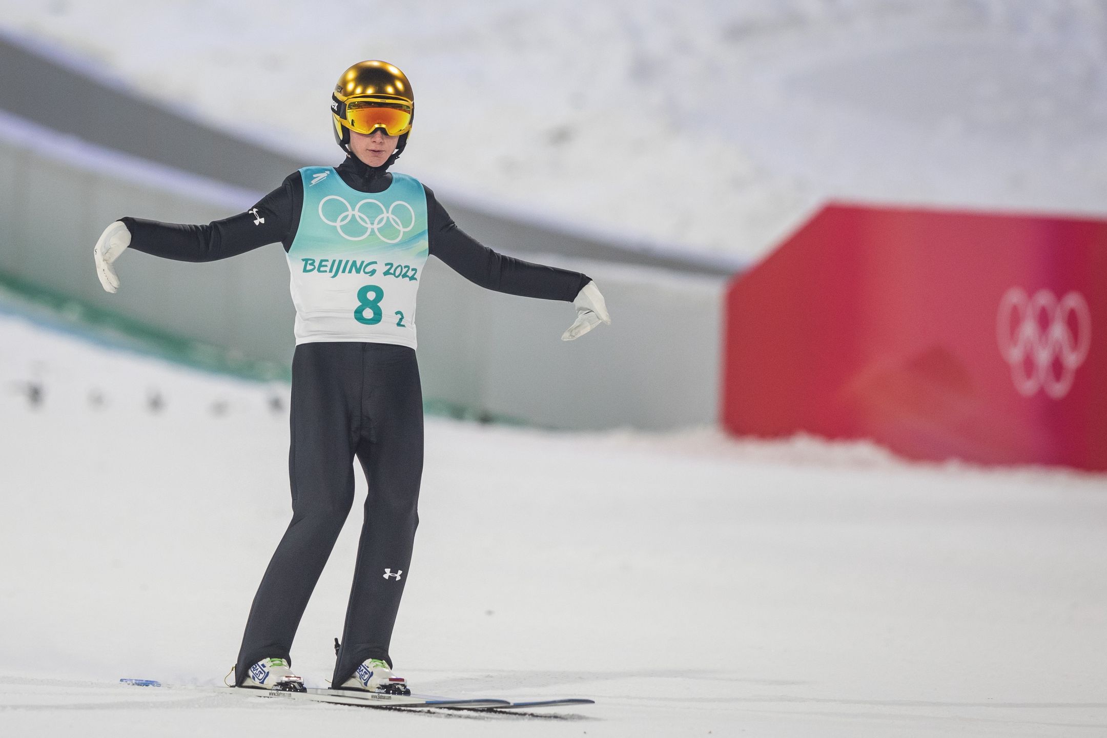 ZHANGJIAKOU, CHINA - FEBRUARY 14: Cene Prevc of Slovenia in action competes during the men´s team ski jumping from the large hill during the Beijing 2022 Winter Olympics at National Ski Jumping Centre on February 14, 2022 in Zhangjiakou, China. (Photo by Tom Weller/VOIGT/DeFodi Images via Getty Images)