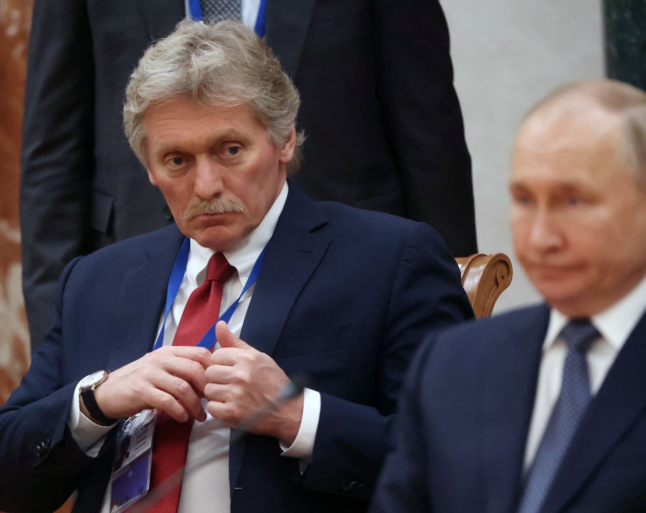 From the left: Kremlin spokesman Dmitry Peskov, President of Russia Vladimir Putin