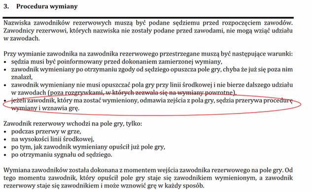 Procedura wymiany zawodników - Przepisy Gry.