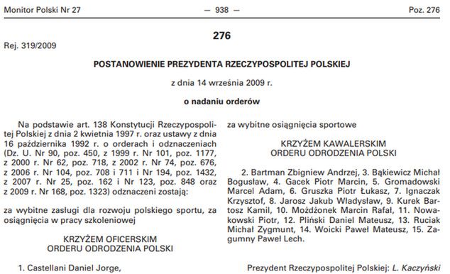 Postanowienie Prezydenta RP z dnia 14 września 2009 r. o nadaniu orderów