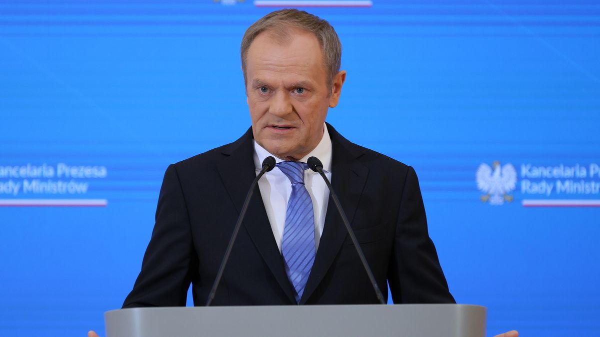 Warszawa, 22.02.2024. Premier Donald Tusk podczas konferencji prasowej w siedzibie KPRM w Warszawie, 22 bm. (sko) PAP/Paweł Supernak