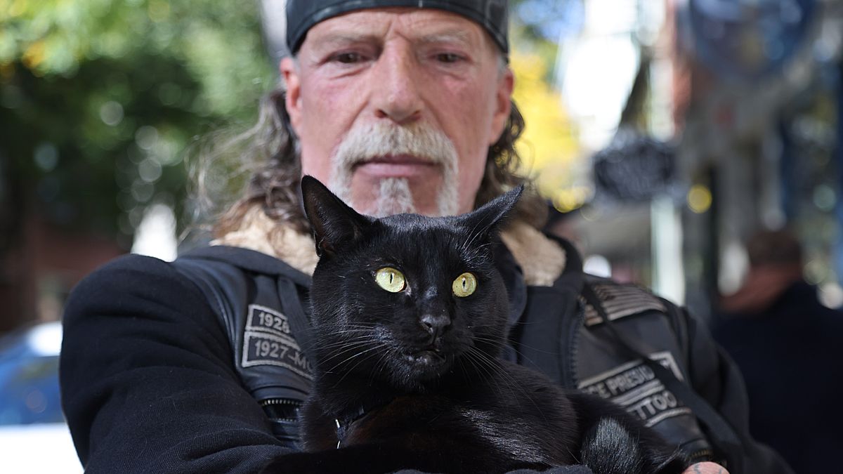 Salem, MA - October 9: A man and his black cat pose for a portrait in Downtown Salem on October 9, 2025. (Photo by Suzanne Kreiter/The Boston Globe via Getty Images)