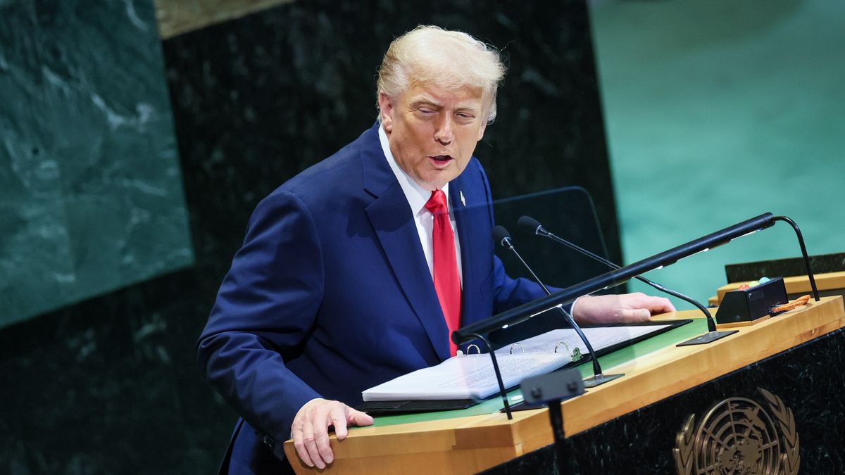 Nowy Jork, USA, 23.09.2025. Prezydent USA Donald Trump przemawia podczas debaty generalnej 80. Sesji Zgromadzenia Ogólnego ONZ w Nowym Jorku, 23 bm. (mr) PAP/Leszek Szymański