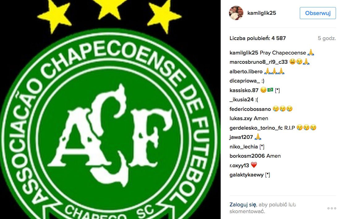 Polscy piłkarza składają hołd zawodnikom drużyny Chapecoense - Instagram