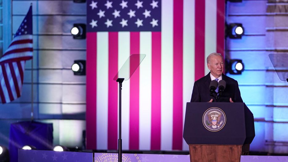 WARSAW, POLAND - MARCH 26, 2022 - US President Joe Biden holds a briefing outside the Royal Palace, Warsaw, Poland.  (Photo by Anna Voitenko/Ukrinform/NurPhoto via Getty Images)