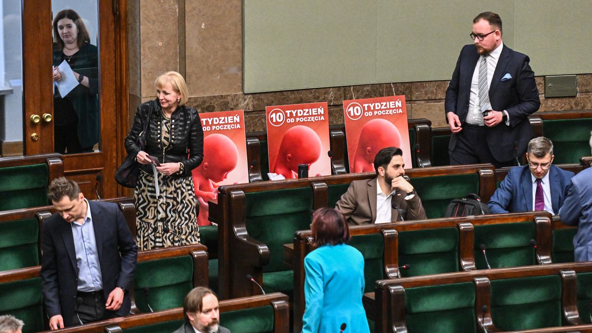 WARSAW, POLAND - APRIL 12: Pro life banners stand among right wing MPs during the voting on four draft projects on abortion rights at the Polish Parliament( SEJM) on April 12, 2024 in Warsaw, Poland. The center-right government led by Donald Tusk has proposed ending the country's near-total ban on abortion to allow for the procedure up to the 12th week of pregnancy. Lawmakers are also considering alternative, less far-reaching bills proposed by other parties in the governing coalition, which is divided on the issue of abortion rights. (Photo by Omar Marques/Getty Images)