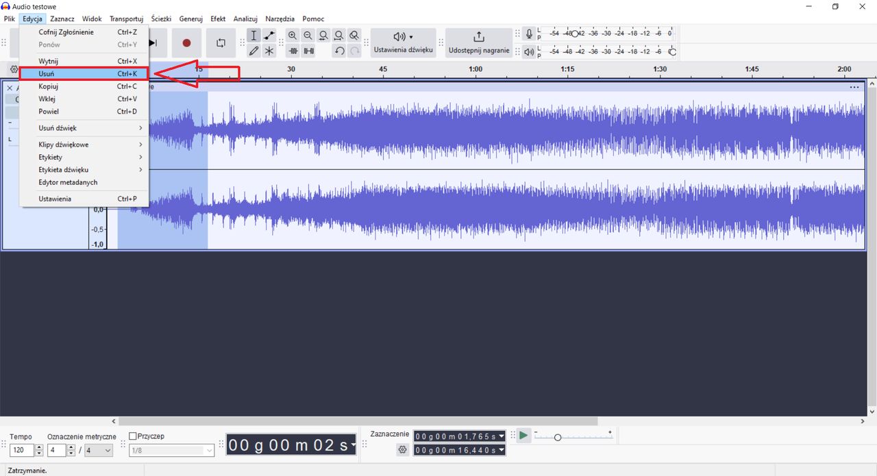 Jak usunąć fragment ścieżki audio w Audacity?