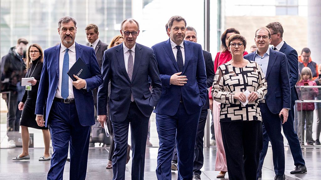 Christian Democrats (CDU/CSU) And Social Democrats (SPD) Present Coalition Agreement
BERLIN, GERMANY - APRIL 09: (EDITOR'S NOTE: Alternative crop of image #2209364999) (From L to R) Markus Soeder, leader of the Christian Social Union (CSU), Friedrich Merz, leader of the Christian Democratic Union (CDU), Lars Klingbeil and Saskia Esken, co-leaders of the German Social Democrats (SPD), arrive for the press conference to present the coalition contract between the three parties on April 09, 2025 in Berlin, Germany. The CDU/CSU and the SPD are in negotiations to form the next federal coalition government following parliamentary elections in February. (Photo by Maja Hitij/Getty Images)
Maja Hitij
bestof, topix