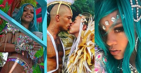 Dorodna, PRAWIE NAGA Rihanna w kolorowych piórach imprezuje na Barbadosie (ZDJĘCIA)