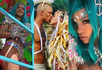 Dorodna, PRAWIE NAGA Rihanna w kolorowych piórach imprezuje na Barbadosie (ZDJĘCIA)