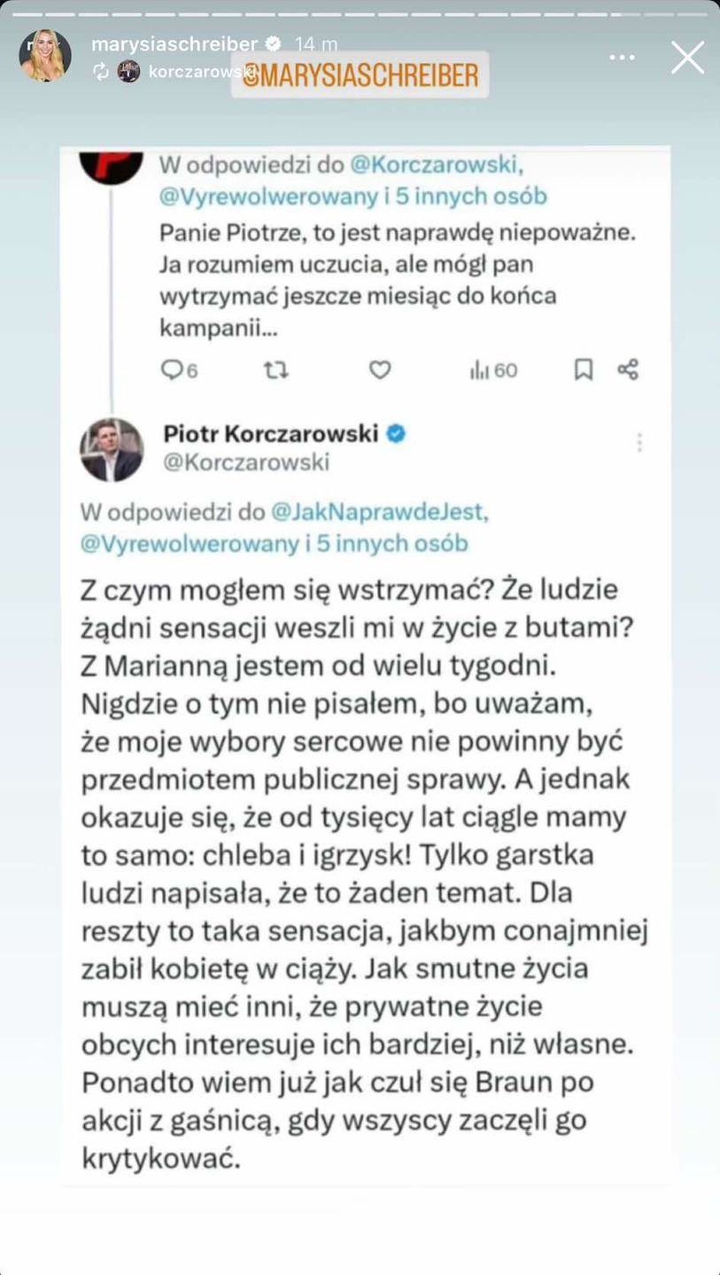 Marianna Schreiber podała dalej wpis Piotra Korczarowskiego