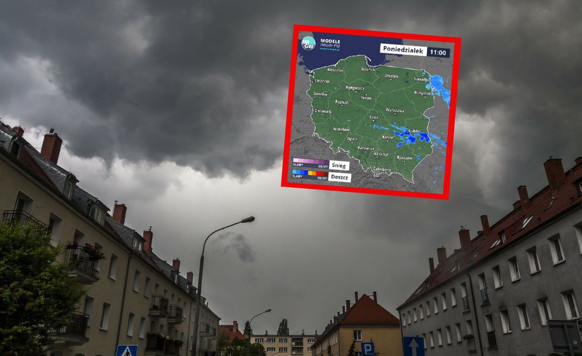 Mapa pogody. Opady przemieszczają się z centrum na wschód