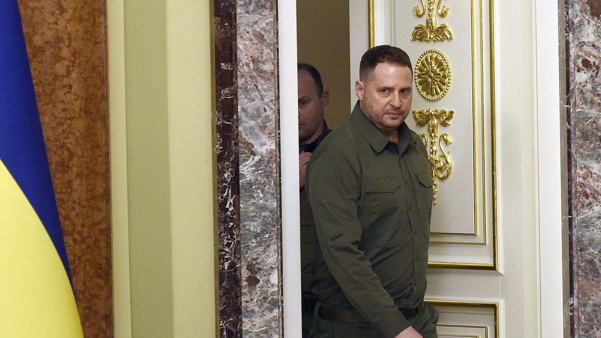 KYIV, UKRAINE - MARCH 21 , 2023 - Head of the Office of the President of Ukraine Andriy Yermak enters the hall to take part in a joint press conference by President of Ukraine Volodymyr Zelenskyy and Prime Minister of Japan Fumio Kishida, Kyiv, capital of Ukraine. (Photo credit should read Ruslan Kaniuka / Ukrinform/Future Publishing via Getty Images)