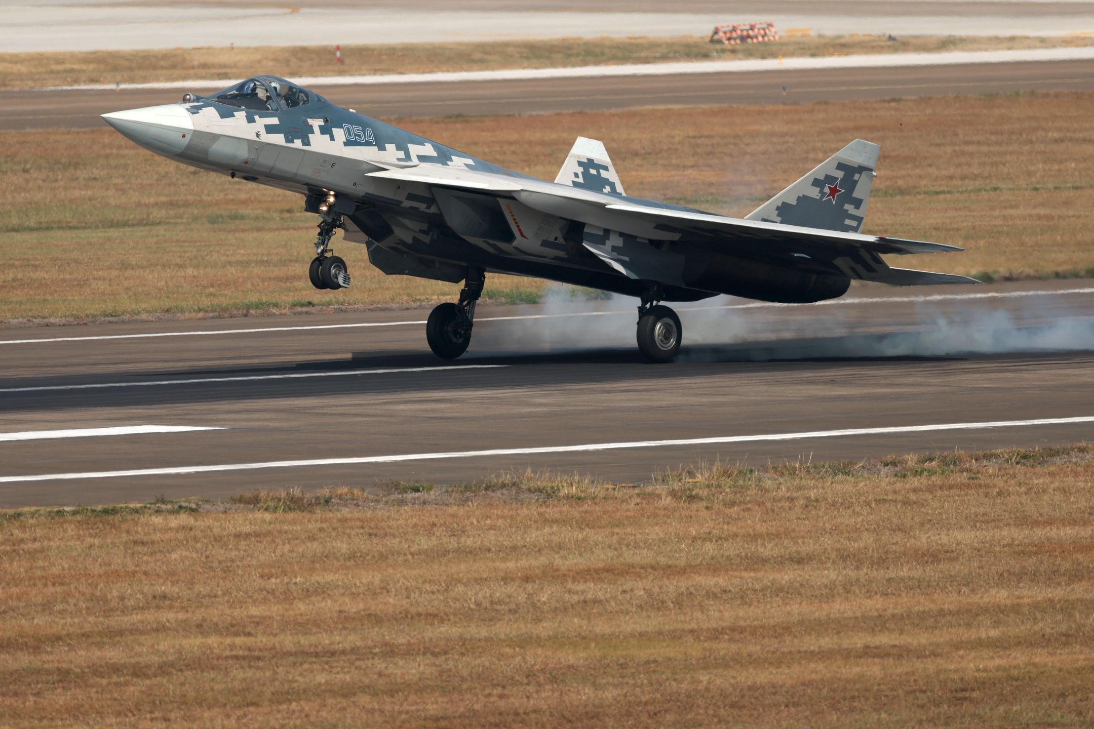 ZHUHAI, CHINA - NOVEMBER 12: A Russia's Sukhoi Su-57 stealth fighter jet taxis during the 15th China International Aviation and Aerospace Exhibition, or Airshow China 2024, on November 12, 2024 in Zhuhai, Guangdong Province of China. The Airshow China kicks off on November 12 in Zhuhai. (Photo by Fu Tian/China News Service/VCG via Getty Images)