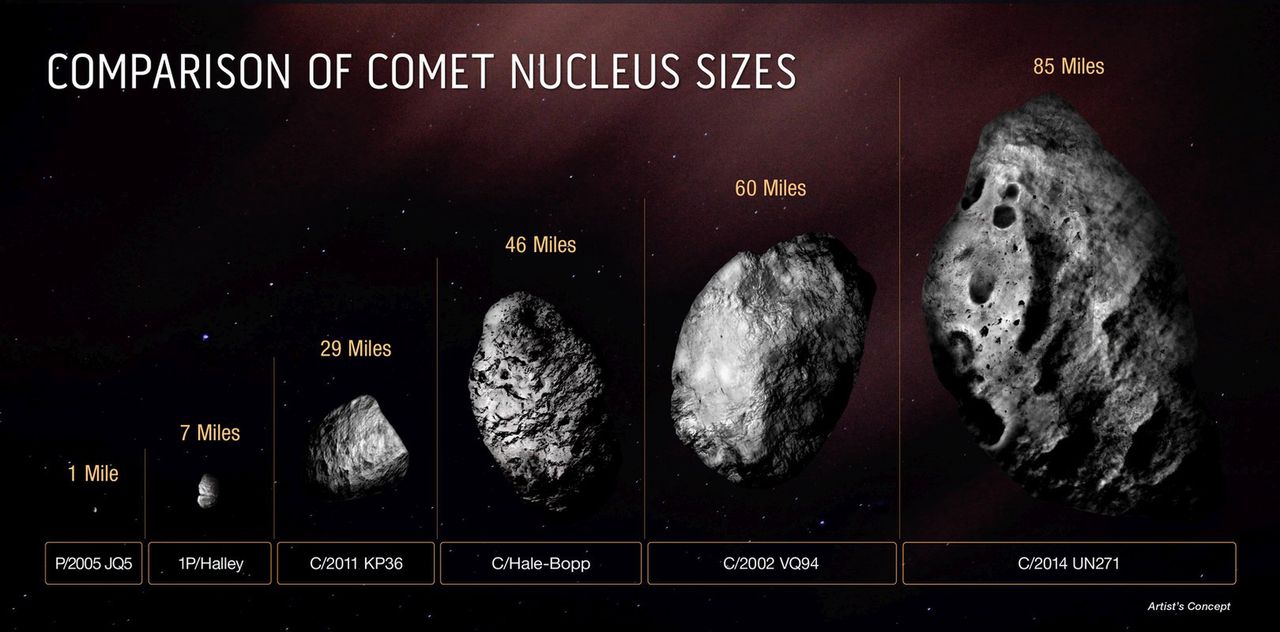 Sizes of comets from the most common to the largest.