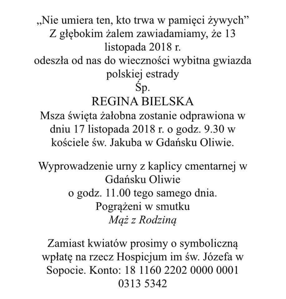 Nie żyje Regina Bielska