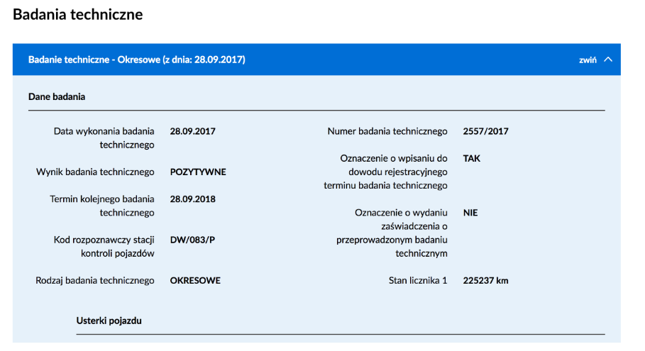 Informacje o badaniach technicznych.