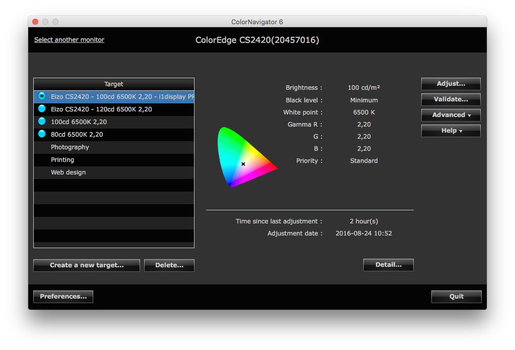 W aplikacji Color Navigator w prosty sposób możemy przełączać się między przygotowanymi profilami.