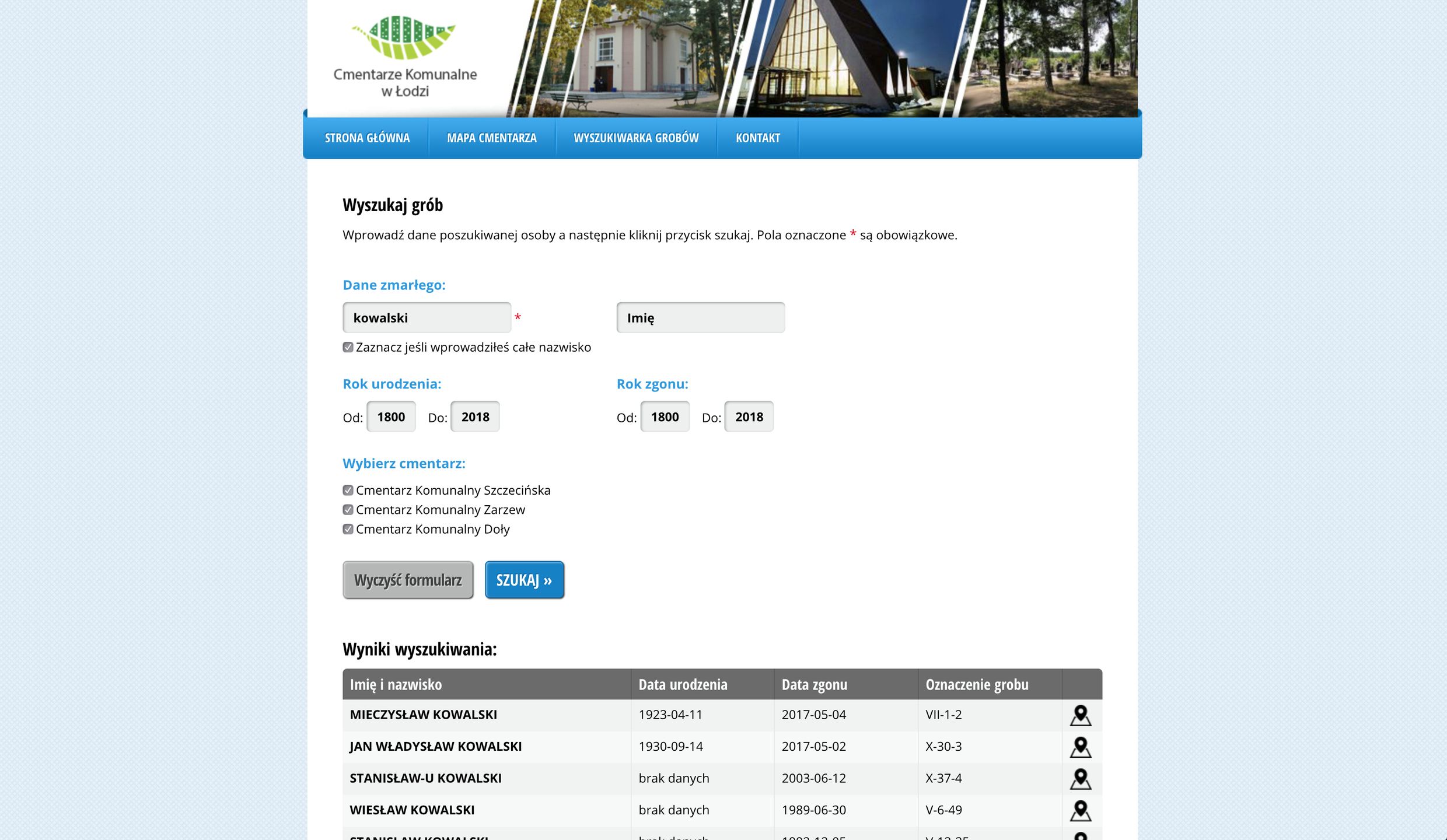 wyszukiwarka grobów na cmentarzach komunalnych w Łodzi