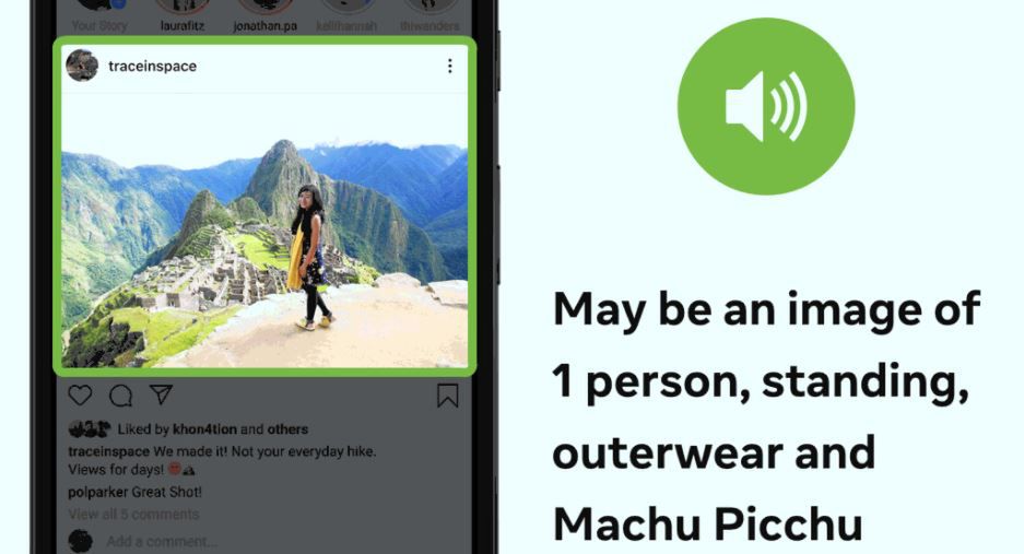 Opis: "Na obrazie może być 1 stojąca osoba osoba w odzieży wierzchniej i Machu Picchu".