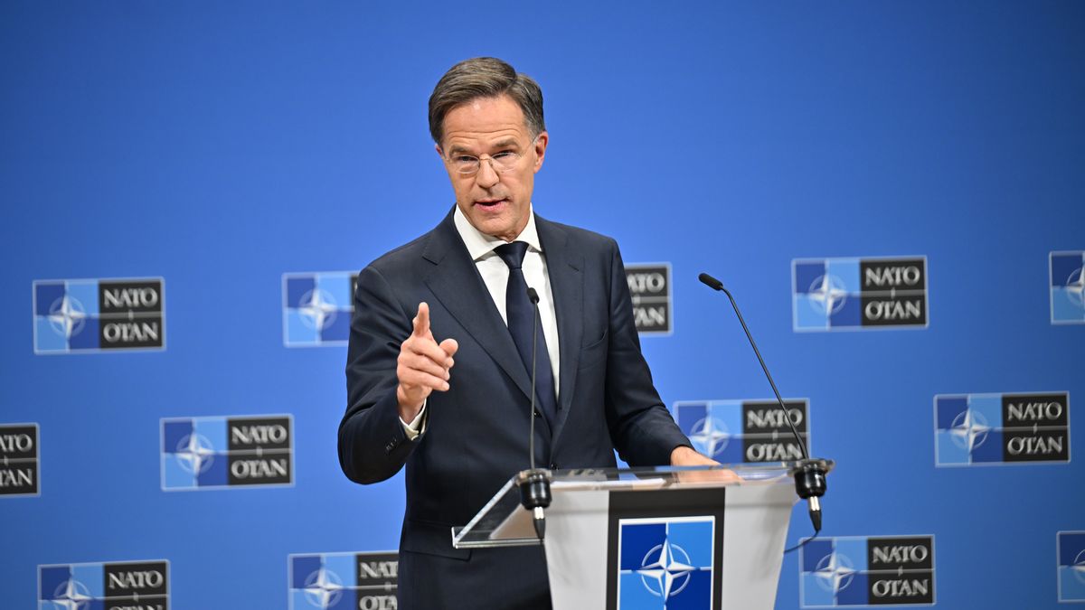 BRUSSELS, BELGIUM - SEPTEMBER 23: NATO Secretary General Mark Rutte holds a press conference at NATO Headquarters, underscoring the alliance's commitment to the security of its member states following emergency meeting of NATO Council in response to Russia's violation of Estonia's airspace, in Brussels, Belgium on September 23, 2025. (Photo by Dursun Aydemir/Anadolu via Getty Images)