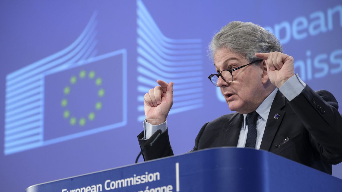 BRUSSELS, BELGIUM - MARCH 5: EU Commissioner for Internal Market Thierry Breton is talking to media in the Berlaymont, the EU Commission headquarter on March 5, 2024 in Brussels, Belgium. Today, the European Commission and the High Representative presented the first-ever European Defence Industrial Strategy at EU level and proposed an ambitious set of new actions to support the competitiveness and readiness of its defence industry. (Photo by Thierry Monasse/Getty Images)