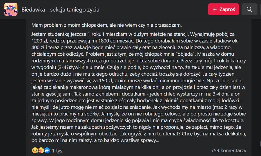 Dziewczyna ma problem z chłopakiem, który wyjada jej jedzenie z lodówki