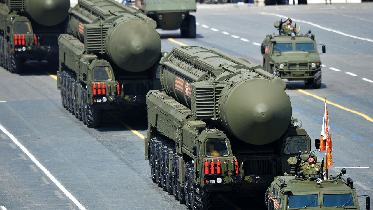 The Russian intercontinental ballistic missile system Yars RS-24 during the military parade for Victory Day in Moscow in 2015.