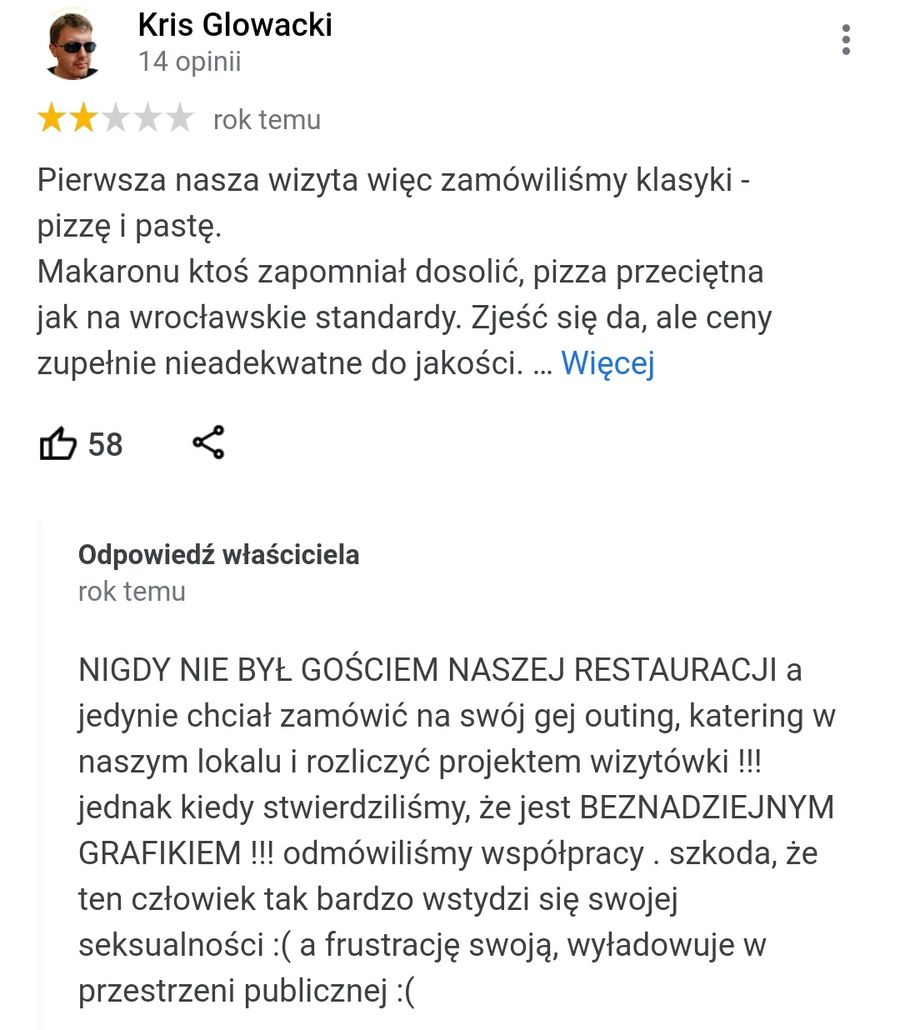 Skandaliczne komentarze "właściciela" restauracji PIU z Bielan Wrocławskich