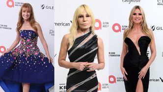 Tłum gwiazd na oscarowej balandze Eltona Johna: poważna Donatella Versace, Heidi Klum w czerni, dziewczęca Jane Seymour