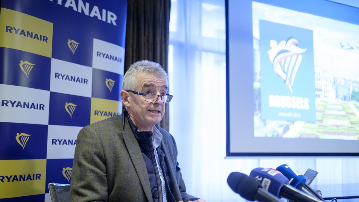 BRUSSELS, BELGIUM - JANUARY 17:  Irish businessman, CEO of Ryanair Michael O'Leary holds a press briefing on January 17, 2022 in Brussels, Belgium. The Irish ultra low-cost carrier said that Airline ticket prices could increase by 10% this year. Rising fuel prices, an influx of American tourists and a drop in supply on most European airlines will make plane tickets 5 to 10% more expensive this year, according to Michael Kevin O'Leary. (Photo by Thierry Monasse/Getty Images)