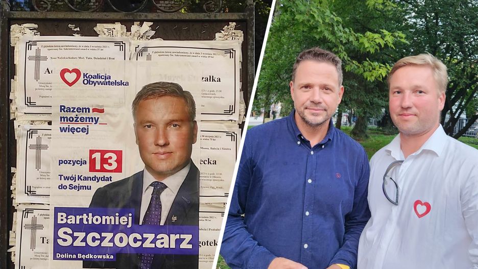 Plakaty wyborcze zakryły klepsydry w Olkuszu