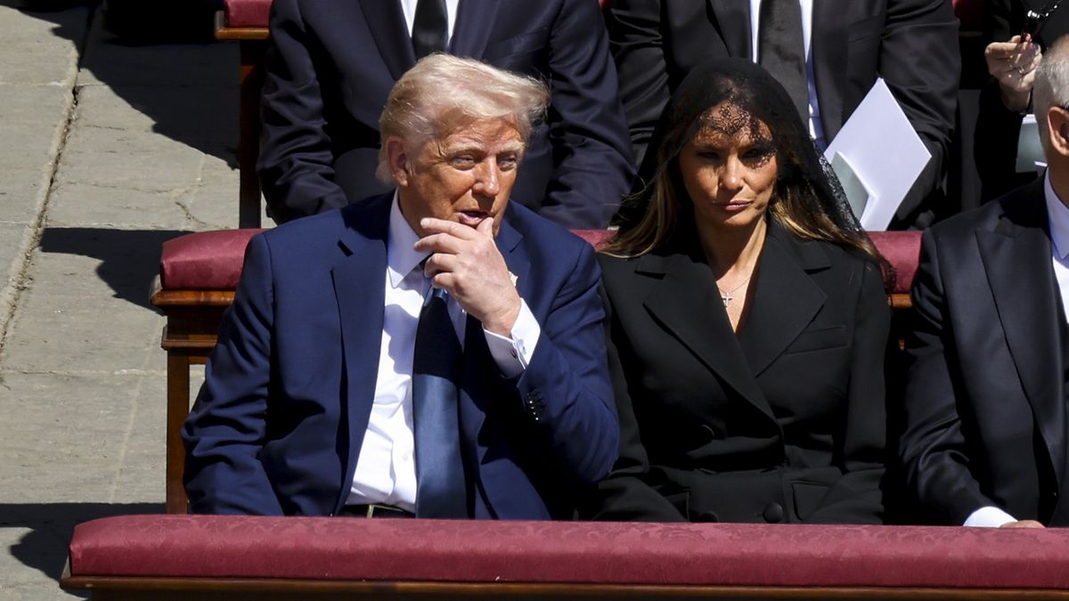 ROME, LAZIO, ITALY - 2025/04/26: USA President Donald Trump and First Lady Melania Trump attend the funeral of Pope Francis together in the front row of St Peter's Square in Vatican City. Pope Francis has died at the age of 88. Born in Argentina as Jorge Mario Bergoglio, he was the first Latin American and the first Jesuit to become Pope. Taking the name Francis from St Francis of Assisi, he promoted a more humble version of the papacy than many of his predecessors. He will be buried outside the Vatican in a simple wooden coffin in the Basilica of Santa Maria Maggiore. (Photo by Salvatore Laporta/KONTROLAB/LightRocket via Getty Images)