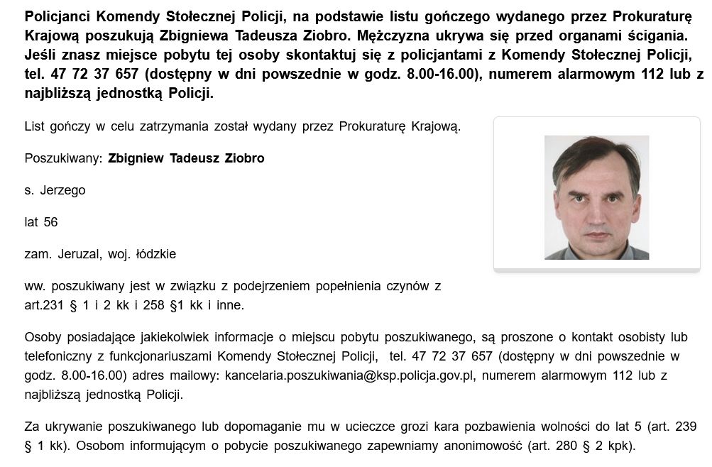 Komunikat policji ws. Zbigniewa Ziobry